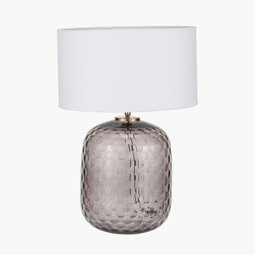 pacific lifestyle Camille Large Smoke Grey Circle Design Handcut Glass Table Lamp Base with Harry 35cm Ivory Cotton Mix Cylinder Lampshade