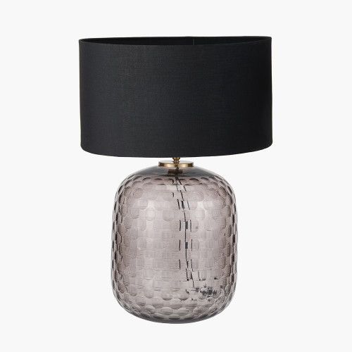 pacific lifestyle Camille Large Smoke Grey Circle Design Handcut Glass Table Lamp Base with Harry 35cm Black Cotton Mix Cylinder Lampshade