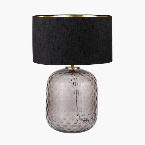 pacific lifestyle Camille Large Smoke Grey Circle Design Handcut Glass Table Lamp Base with Stellan 35cm Black Slubbed Silk Mix Gold Lined Cylinder Lampshade