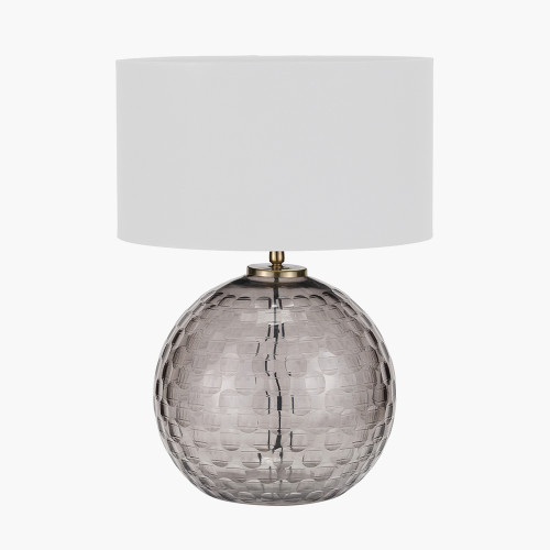 pacific lifestyle Camille Smoke Grey Circle Design Handcut Glass Table Lamp Base with Harry 30cm Ivory Cotton Mix Cylinder Lampshade