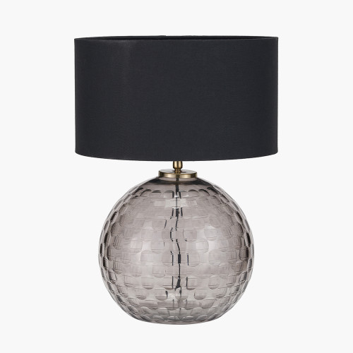 pacific lifestyle Camille Smoke Grey Circle Design Handcut Glass Table Lamp Base with Harry 30cm Black Cotton Mix Cylinder Lampshade