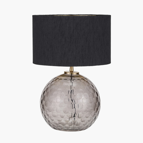 pacific lifestyle Camille Smoke Grey Circle Design Handcut Glass Table Lamp Base with Stellan 30cm Black Slubbed Silk Mix Gold Lined Cylinder Lampshade