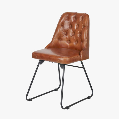 Pacific Lifestyle Camillo Vintage Brown Leather And Black Metal Diamond Back Dining Chair