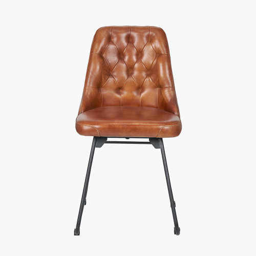pacific lifestyle Camillo Vintage Brown Leather and Black Metal Diamond Back Dining Chair