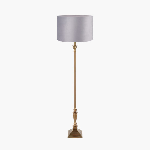 pacific lifestyle Canterbury Antique Brass Metal Floor Lamp Base with Rene 45cm Light Grey Velvet Cylinder Lampshade