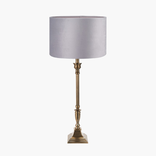 pacific lifestyle Canterbury Antique Brass Metal Table Lamp Base with Rene 35cm Light Grey Velvet Cylinder Lampshade
