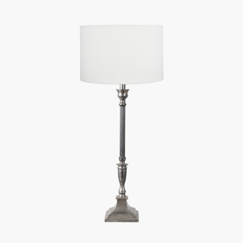 pacific lifestyle Canterbury Antique Silver Metal Table Lamp Base with Henry 35cm White Handloom Cylinder Lampshade
