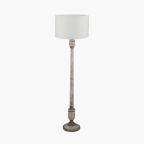 pacific lifestyle Captiva Grey Wash Mango Wood Floor Lamp Base with Lino 45cm White Self Lined Linen Cylinder Lampshade