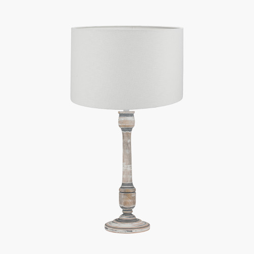 pacific lifestyle Captiva Grey Wash Mango Wood Table Lamp Base with Lino 35cm White Self Lined Linen Cylinder Lampshade