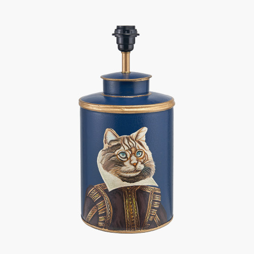 Pacific Lifestyle Cat Blue Hand Painted Metal Table Lamp Base With Henry 35cm Mustard Handloom Cylinder Lampshade