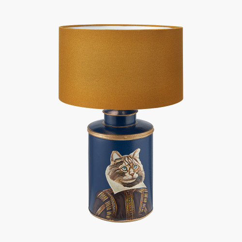 pacific lifestyle Cat Blue Hand Painted Metal Table Lamp Base with Henry 35cm Mustard Handloom Cylinder Lampshade