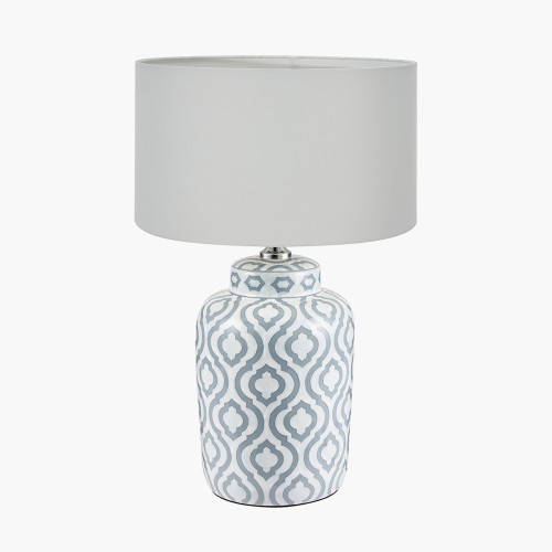 pacific lifestyle Celia Grey and White Pattern Ceramic Table Lamp Base with Harry 30cm Ivory Cotton Mix Cylinder Lampshade
