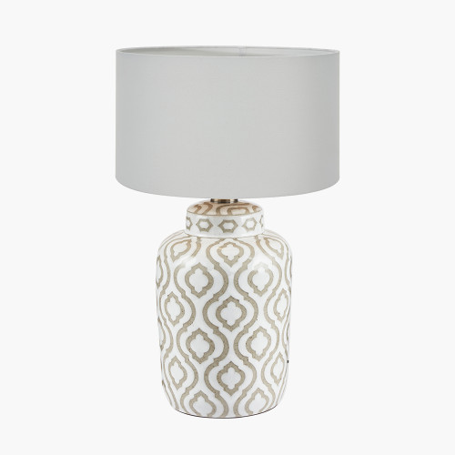 pacific lifestyle Celia Taupe and White Pattern Ceramic Table Lamp Base with Harry 30cm Ivory Cotton Mix Cylinder Lampshade