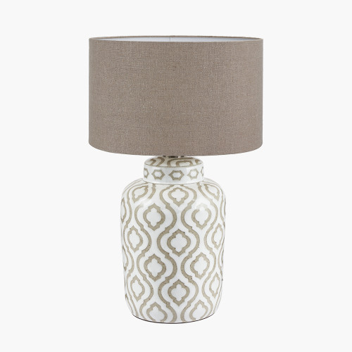 pacific lifestyle Celia Taupe and White Pattern Ceramic Table Lamp Base with Edward 30cm Natural Linen Cylinder Lampshade