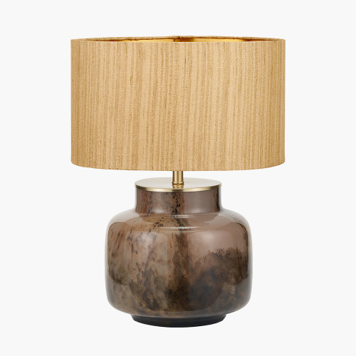 pacific lifestyle Cerdanya Brown and Beige Glass Table Lamp Base with Stellan 40cm Gold Slubbed Silk Mix Gold Lined Cylinder Lampshade