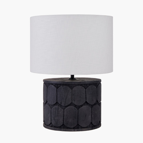 pacific lifestyle Cezara Embossed Black Wood Wide Table Lamp Base with Lino 40cm White Self Lined Linen Cylinder Lampshade