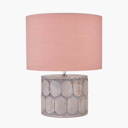 pacific lifestyle Cezara Embossed Grey Wood Wide Table Lamp Base with Edward 40cm Apricot Linen Cylinder Lampshade