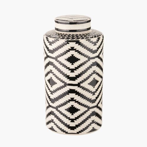 pacific lifestyle Chirala Black and White Ceramic Aztec Design Lidded Ginger Jar