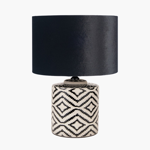 pacific lifestyle Chirala Black and White Ikat Ceramic Table Lamp Base with Bow 35cm Black Velvet Cylinder Lampshade