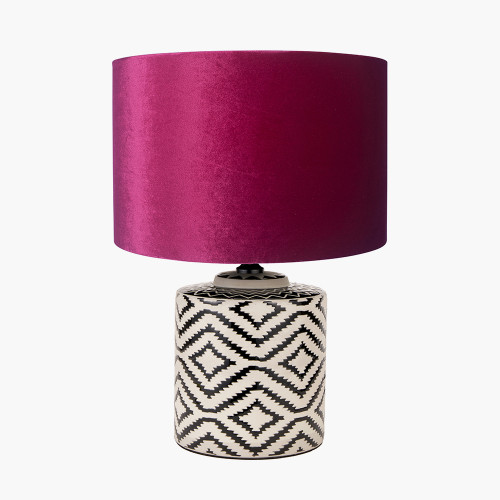 pacific lifestyle Chirala Black and White Ikat Ceramic Table Lamp Base with Bow 35cm Raspberry Velvet Cylinder Lampshade