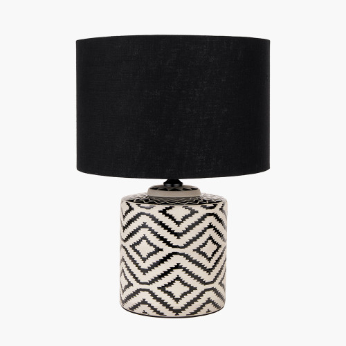pacific lifestyle Chirala Black and White Ikat Ceramic Table Lamp Base with Lino 35cm Black Self Lined Linen Cylinder Lampshade