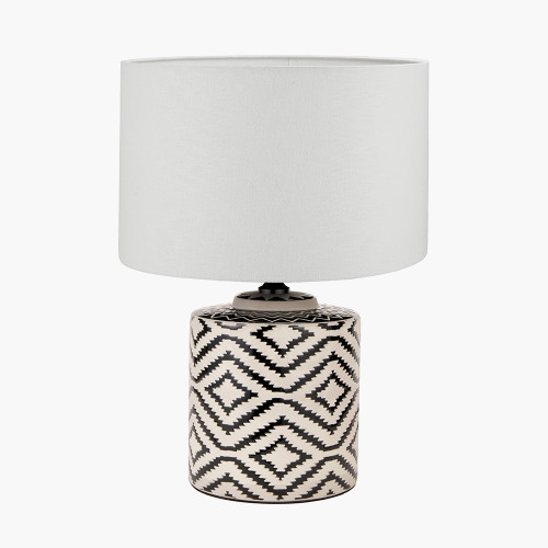 pacific lifestyle Chirala Black and White Ikat Ceramic Table Lamp Base with Lino 35cm White Self Lined Linen Cylinder Lampshade