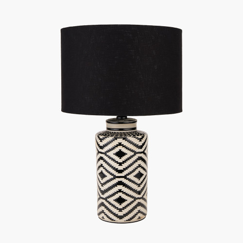 pacific lifestyle Chirala Black and White Tall Ikat Ceramic Table Lamp Base with Lino 40cm Black Self Lined Linen Cylinder Lampshade