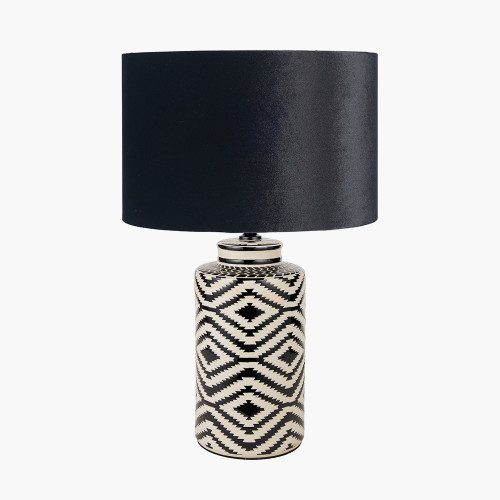 pacific lifestyle Chirala Black and White Tall Ikat Ceramic Table Lamp Base with Bow 40cm Black Velvet Cylinder Lampshade