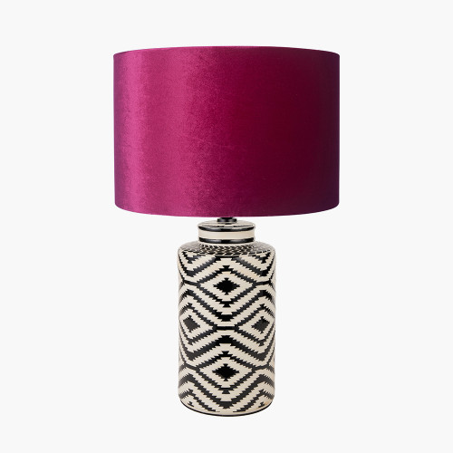 pacific lifestyle Chirala Black and White Tall Ikat Ceramic Table Lamp Base with Bow 40cm Raspberry Velvet Cylinder Lampshade