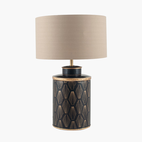 pacific lifestyle Chrysler Black Art Deco Hand Painted Table Lamp Base with Harry 35cm Taupe Cotton Mix Cylinder Lampshade