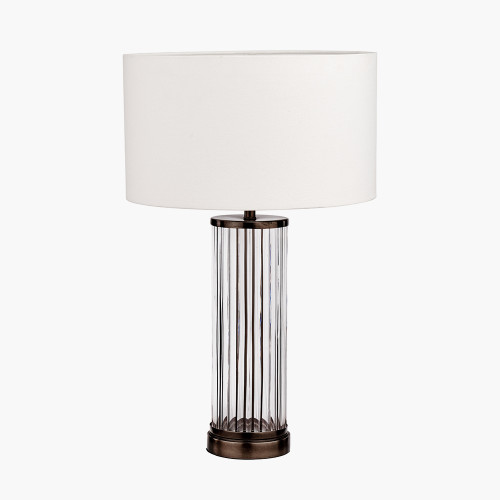 pacific lifestyle Ciara Clear Glass and Antique Bronze Metal Table Lamp Base with Henry 35cm White Handloom Cylinder Lampshade