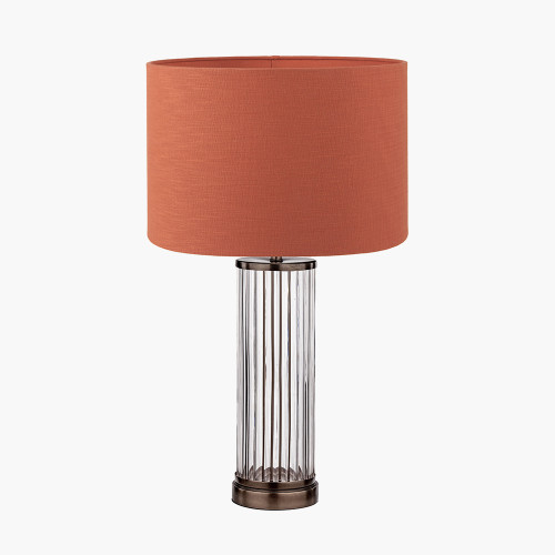 pacific lifestyle Ciara Clear Glass and Antique Bronze Metal Table Lamp Base with Lino 35cm Cinnamon Self Lined Linen Cylinder Lampshade