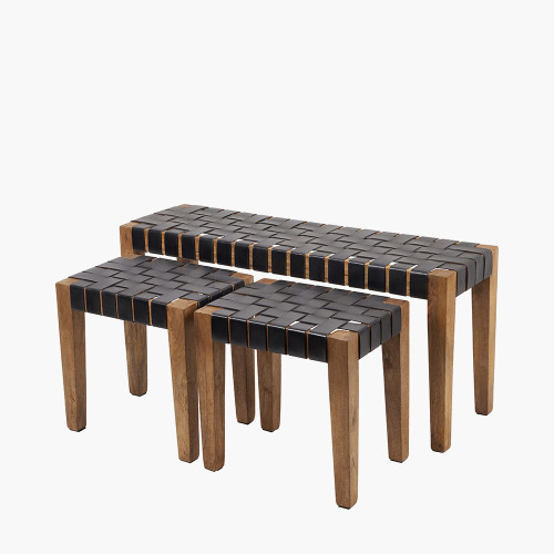 Pacific Lifestyle Claudio S/3 Black Leather And Mango Wood Bench And Stools
