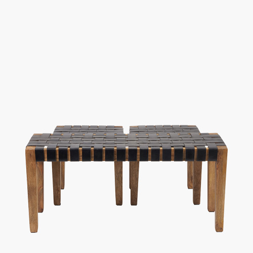Pacific Lifestyle Claudio S/3 Black Leather And Mango Wood Bench And Stools