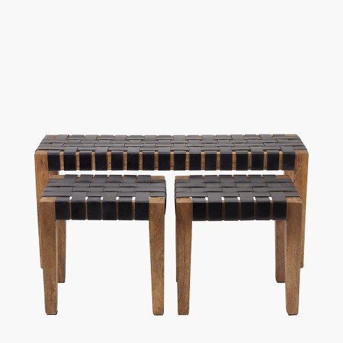 pacific lifestyle Claudio S/3 Black Leather and Mango Wood Bench and Stools