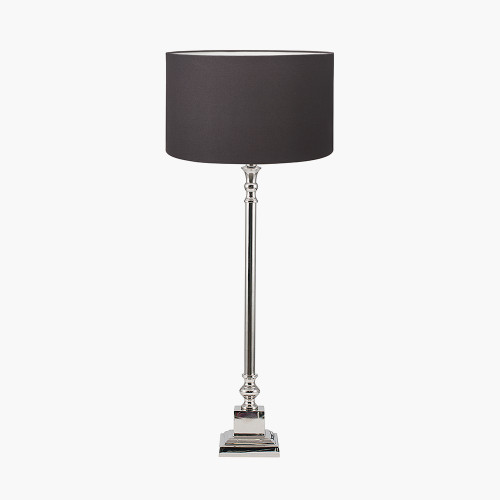 pacific lifestyle Claudius Nickel Metal Stick Table Lamp Base with Henry 30cm Grey Handloom Cylinder Lampshade