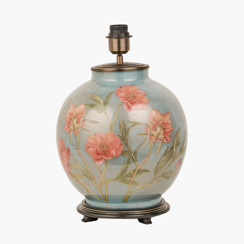Pacific Lifestyle Coral Peony Large Glass Table Lamp Base With Lino 40cm White Self Lined Linen Cylinder Lampshade