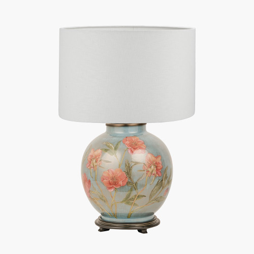 pacific lifestyle Coral Peony Large Glass Table Lamp Base with Lino 40cm White Self Lined Linen Cylinder Lampshade