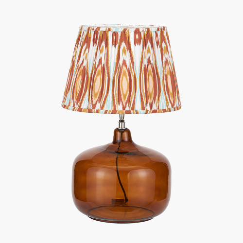 pacific lifestyle Corby Amber Glass Table Lamp Base with Izara 40cm Cinnamon Ikat Patterned Mushroom Pleat Tapered Lampshade