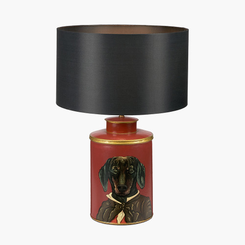 Pacific Lifestyle Dachshund Red Hand Painted Metal Table Lamp Base With Zara 40cm Black Silk Cylinder Lampshade