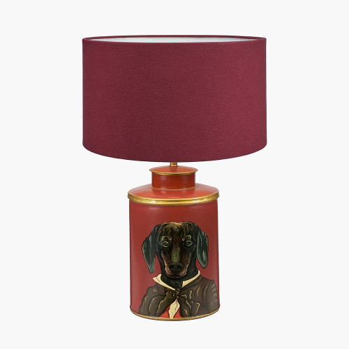pacific lifestyle Dachshund Red Hand Painted Metal Table Lamp Base with Henry 35cm Mulberry Handloom Cylinder Lampshade