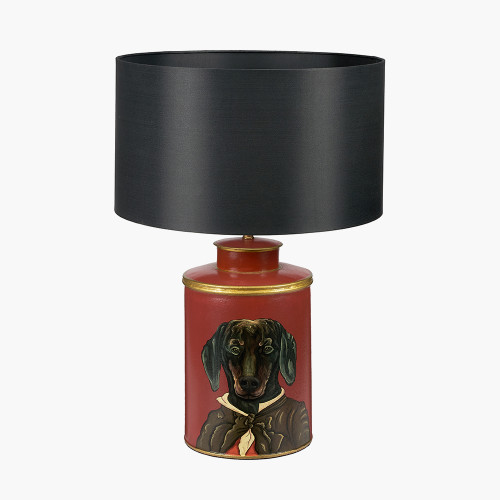 pacific lifestyle Dachshund Red Hand Painted Metal Table Lamp Base with Zara 40cm Black Silk Cylinder Lampshade