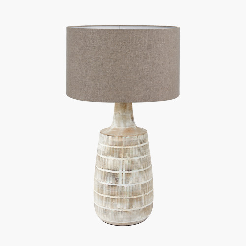 pacific lifestyle Dambula White Wash Wood Textured Tall Neck Table Lamp Base with Edward 40cm Natural Linen Cylinder Lampshade