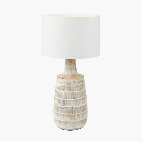 Pacific Lifestyle Dambula White Wash Wood Textured Tall Neck Table Lamp Base With Lino 35cm White Self Lined Linen Cylinder Lampshade