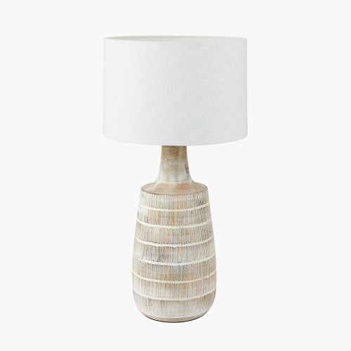 pacific lifestyle Dambula White Wash Wood Textured Tall Neck Table Lamp Base with Lino 35cm White Self Lined Linen Cylinder Lampshade