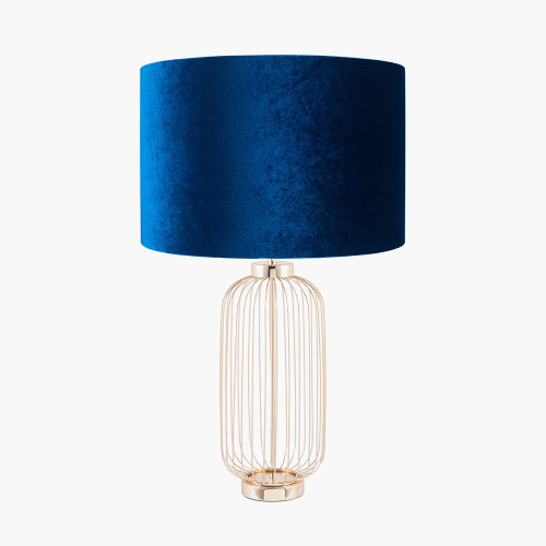 pacific lifestyle Dania French Gold Metal Wire Tall Table Lamp Base with Bow 40cm Sapphire Velvet Cylinder Lampshade