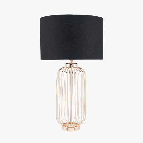 pacific lifestyle Dania French Gold Metal Wire Tall Table Lamp Base with Lino 40cm Black Self Lined Linen Cylinder Lampshade