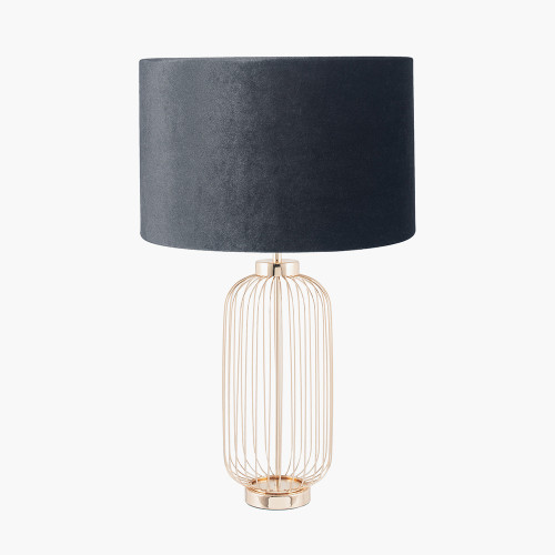 pacific lifestyle Dania French Gold Metal Wire Tall Table Lamp Base with Bow 40cm Slate Velvet Cylinder Lampshade