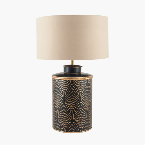 pacific lifestyle Deco Black Geo Art Deco Hand Painted Table Lamp Base with Harry 40cm Taupe Cotton Mix Cylinder Lampshade