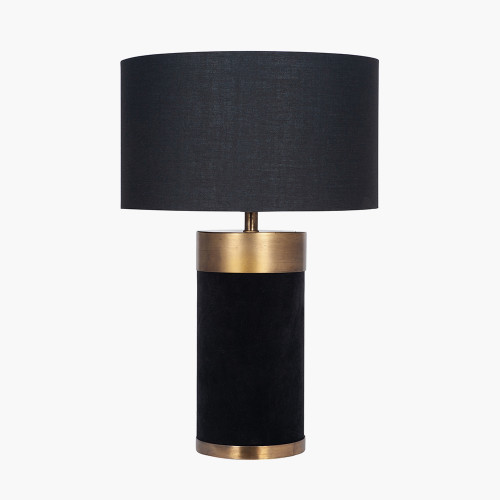 pacific lifestyle Dempsey Black Velvet and Antique Gold Metal Table Lamp Base with Harry 30cm Black Cotton Mix Cylinder Lampshade